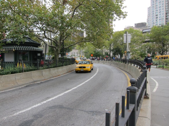 A cab entering Manhattan from the Brooklyn Bridge.